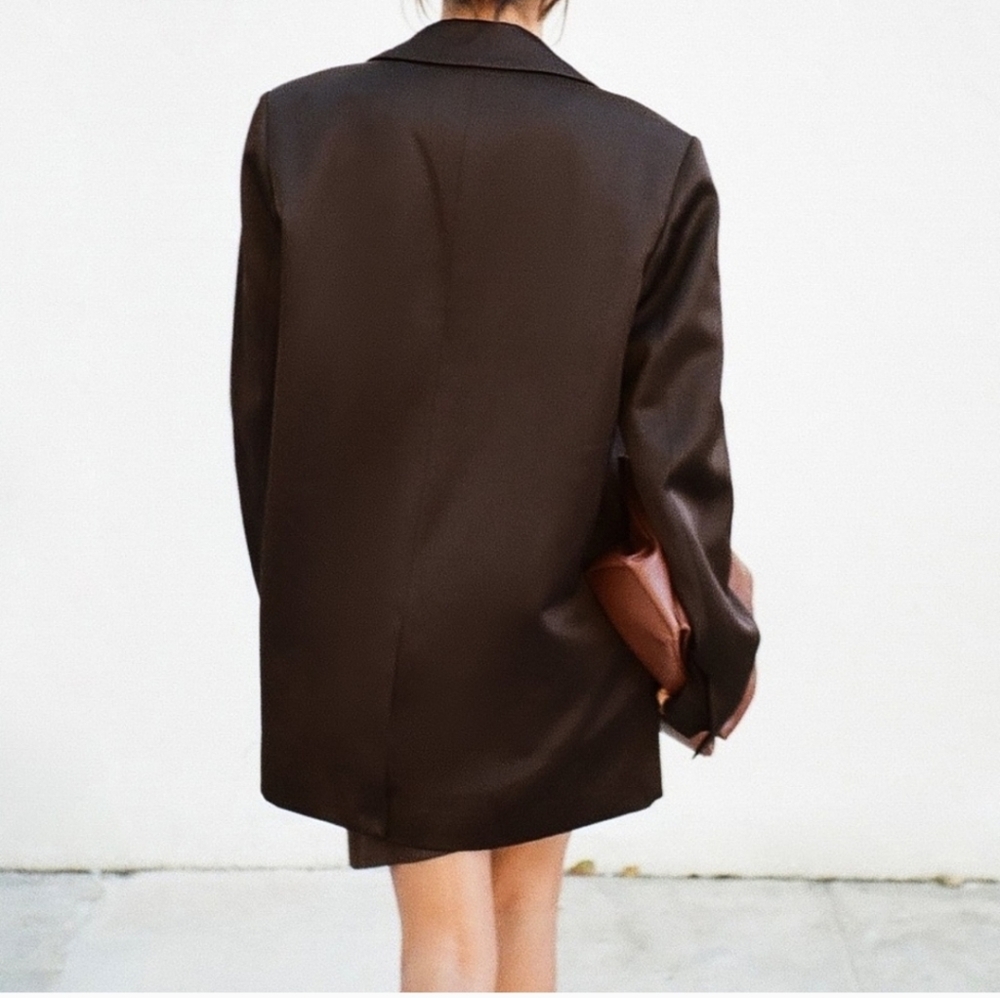 ZARA Satin Effect Blazer Brown Size L - Picture 7 of 15